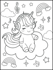 Printable Unicorn coloring page for kids.A cute unicorn wearing headphones and listening to music . Black and white unicorn cartoon characters for children's activity books.