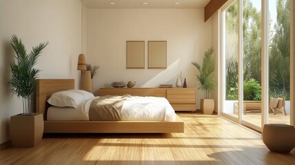 A modern bedroom featuring minimalist furniture, hardwood flooring, and a large window, set against a light background to highlight a contemporary living concept.