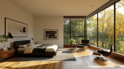 A modern bedroom featuring minimalist furniture, hardwood flooring, and a large window, set against a light background to highlight a contemporary living concept.