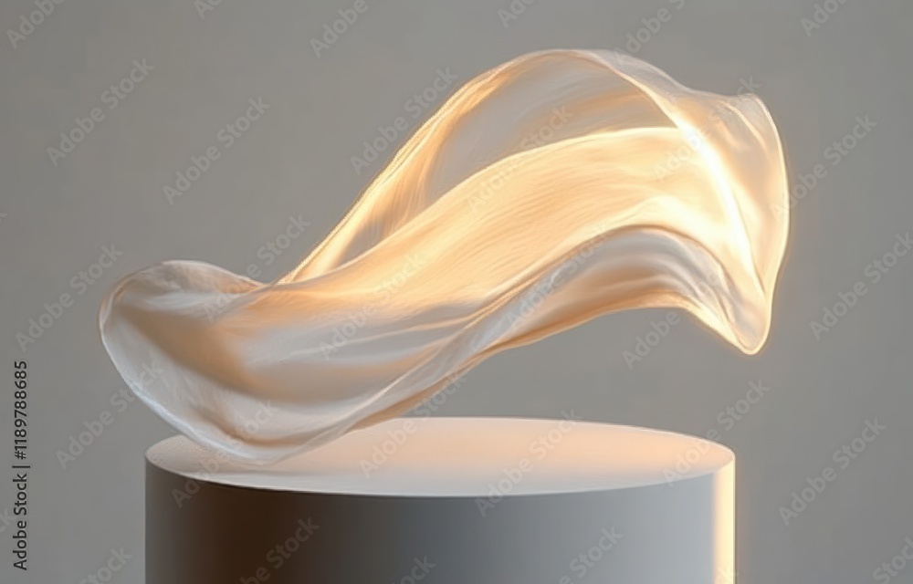 Poster minimalist luxury display podium with flowing transparent cloth and soft pastels