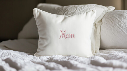 A plain, white pillow with a subtle embroidery of "Mom".