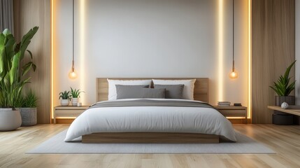 A modern bedroom interior design featuring a sophisticated palette of cream white and brown colors.