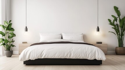 A modern bedroom interior design featuring a sophisticated palette of cream white and brown colors.