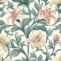 Elegant Floral Pattern Design with Vibrant Lilies and Green Leaves
