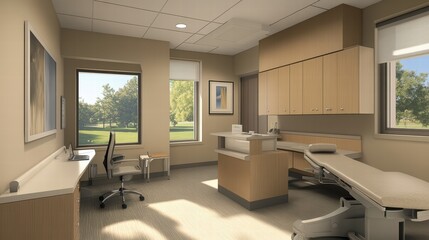 Modern beige doctor's office interior featuring a clean, welcoming space with comfortable furnishings and a professional atmosphere.