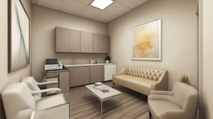 Modern beige doctor's office interior featuring a clean, welcoming space with comfortable furnishings and a professional atmosphere.