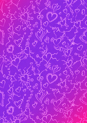 Hand-drawn abstract ornament. Neon gradient (plastic pink to proton purple) background and glowing pattern on it. Cloth texture. Digital artwork, A4, vertical. (pattern: pv01d)