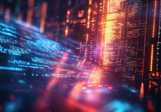 Abstract Visualization of Sound Waves and Coding Elements in Cyberpunk Style
