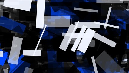 Abstract composition of blue and white rectangular shapes floating in dark space creating a modern artistic representation