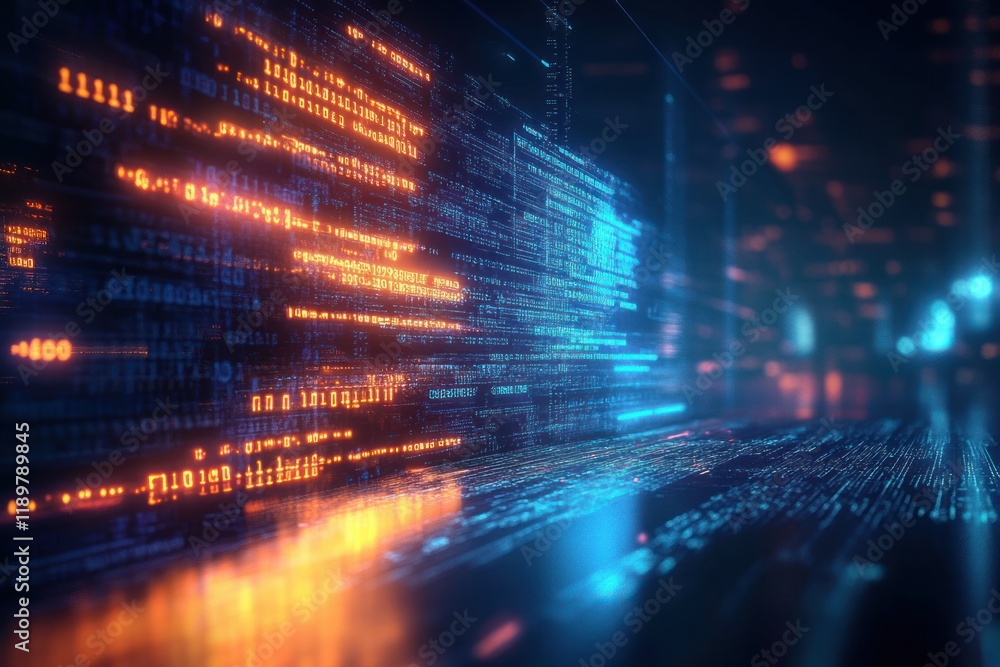 Aufkleber futuristic digital landscape with flowing code and data streams in cyberpunk art style