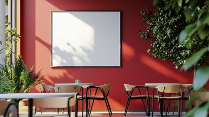 A modern cafe interior featuring wooden furniture, large windows, and a white blank wall, set in a light-filled space.