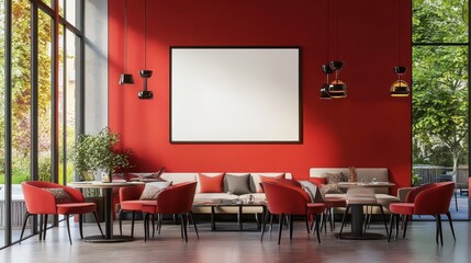 A modern cafe interior featuring wooden furniture, large windows, and a white blank wall, set in a light-filled space.