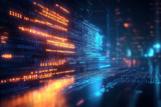 Futuristic Digital Landscape with Flowing Code and Data Streams in Cyberpunk Art Style