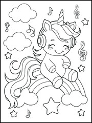 Printable Unicorn coloring page for kids.A cute unicorn wearing headphones and listening to music . Black and white unicorn cartoon characters for children's activity books.