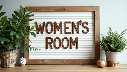 women's room is boldly displayed in a rustic, hand-painted style on a wooden signboard background