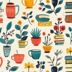 Colorful Floral and Kitchenware Pattern on Cream Background