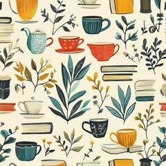 Colorful Pattern with Teapots, Cups, Books, and Leaves Design