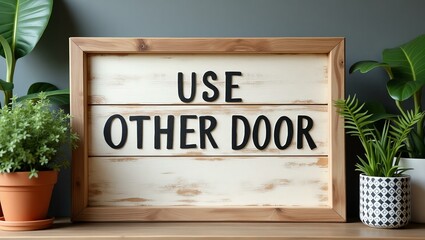 use other door is boldly displayed in a rustic, hand-painted style on a wooden signboard background