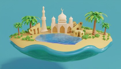 Naklejka premium 3D serene island paradise features a mosque and palm trees nestled beside a calm blue lagoon