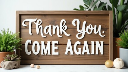 thank you come again is boldly displayed in a rustic, hand-painted style on a wooden signboard background