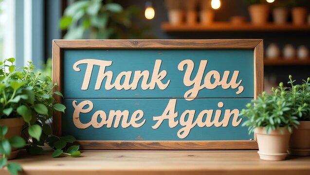 thank you come again is boldly displayed in a rustic, hand-painted style on a wooden signboard background - Powered by Adobe