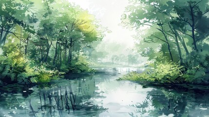 Obraz premium A serene landscape featuring a tranquil river surrounded by lush greenery and soft mist.