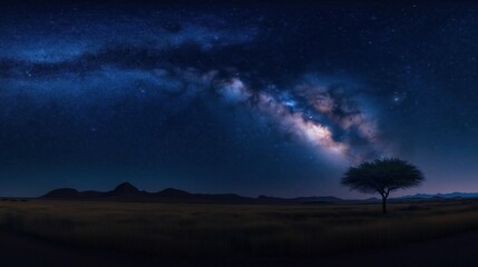 Naklejka premium Vast night sky displays milky way galaxy above dark flat desert landscape. Silhouette of solitary tree stands in dry field. Mountains form distant horizon. Scenic view cosmic beauty, solitude.