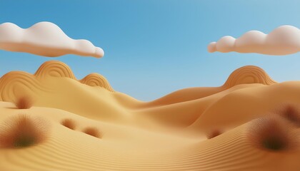 Soft cartoonish clouds drift above a gently undulating sandy desert landscape