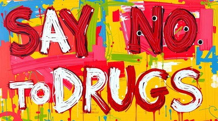 AI image presents a vibrant "SAY NO TO DRUGS" message painted in red and white with black dot accents on a multicolored, brushstroke background.
