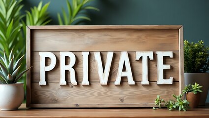 private is boldly displayed in a rustic, hand-painted style on a wooden signboard background