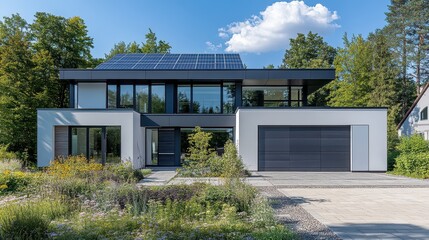 A modern eco-friendly house features a sleek design with a solar panel system installed on the roof, reflecting a commitment to sustainability and energy efficiency.