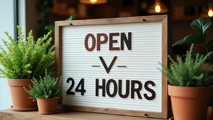 Obraz premium open hours is boldly displayed in a rustic, hand-painted style on a wooden signboard background