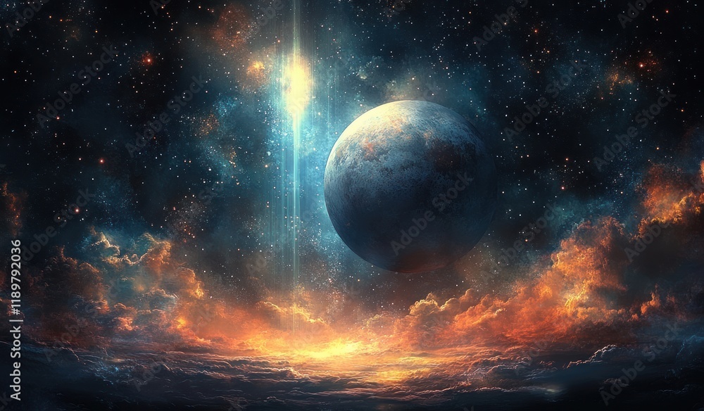 Poster surreal cosmic scene with moon and distant planet in ethereal light