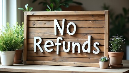 no refunds is boldly displayed in a rustic, hand-painted style on a wooden signboard background