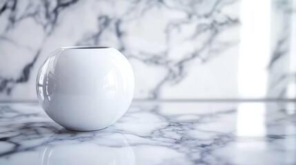 A minimalist white pot with a sleek design sitting on a marble countertop.