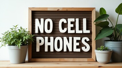 no cell phones is boldly displayed in a rustic, hand-painted style on a wooden signboard background