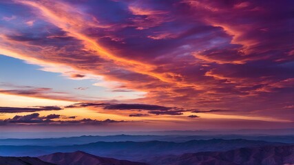 A dramatic and colorful sunset sky with vibrant hues of orange, purple, and deep blue over distant mountains.