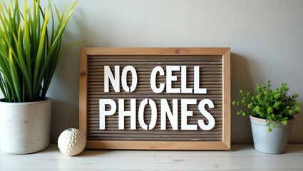 no cell phones is boldly displayed in a rustic, hand-painted style on a wooden signboard background