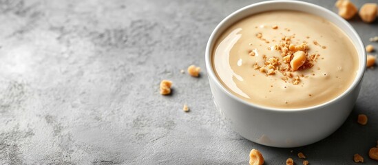 A warm and inviting coffee mug with a creamy latte or cappuccino sits on a marble table surrounded by artisanal spices and roasted nuts creating a cozy and indulgent morning scene