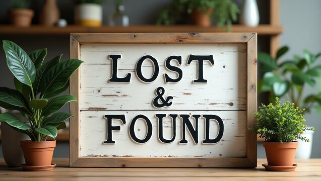 lost found is boldly displayed in a rustic, hand-painted style on a wooden signboard background