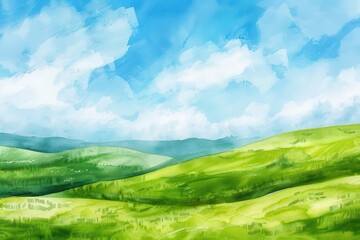 A serene landscape featuring rolling green hills under a bright blue sky with fluffy clouds.