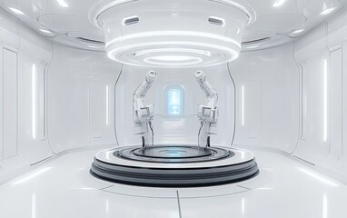 3D Rendering of Futuristic Laboratory Interior with Minimalist Design and Robotic Arms on Circular Platform