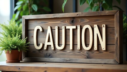 Obraz premium caution is boldly displayed in a rustic, hand-painted style on a wooden signboard background
