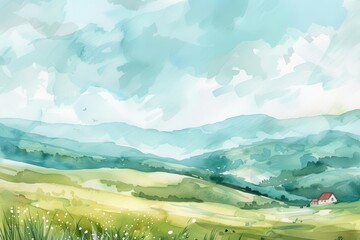 Obraz premium A serene landscape featuring rolling hills, soft clouds, and a small house in the distance.