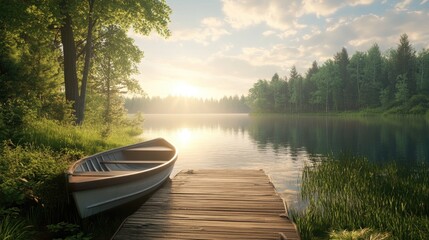 Obraz premium A peaceful lake with a rowboat tied to a wooden dock under soft sunlight.