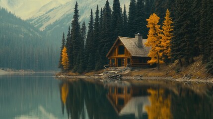 Fototapeta premium A picturesque lakeside cabin surrounded by trees and reflecting in the calm water.