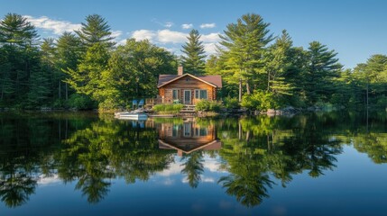 Fototapeta premium A picturesque lakeside cabin surrounded by trees and reflecting in the calm water.