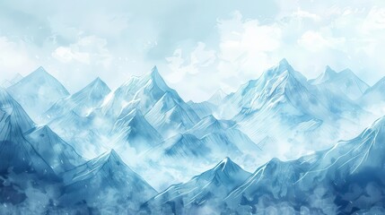 A serene landscape of snow-capped mountains under a soft, cloudy sky.
