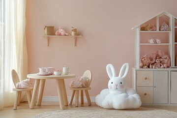 Cozy Children's Playroom with Bunny and Cloud Chairs in Scandinavian Style 3D Rendering Nursery Interior