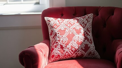 A pillow with intricate embroidery sitting on an elegant velvet armchair.